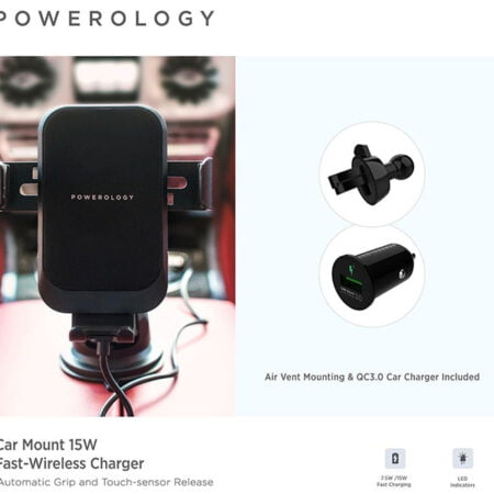 هولدر نگهدارنده و شارژر وایرلس خودرو پاورولوژی Powerology Fast Wireless Charger Car Mount