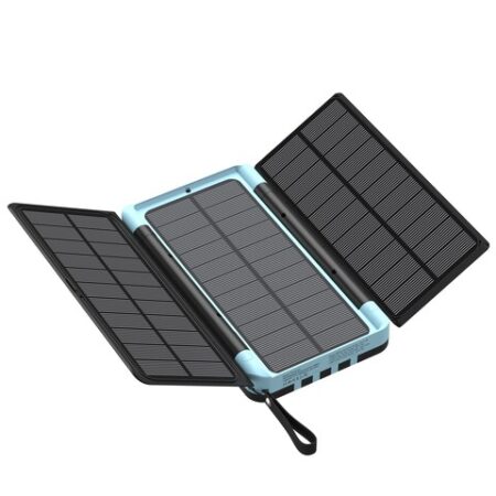Powerology 16000mAh Power Bank with 4 Built-in Cables 3 Foldable Solar Panels with Flashlight and Lanyard