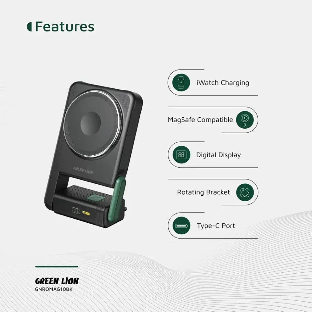 پاوربانک ۱۰۰۰۰ وایرلس مناسب گوشی و اپل واچ گرین لاین Green Lion 10000mah Rotex Wireless Powerbank - تصویر 3