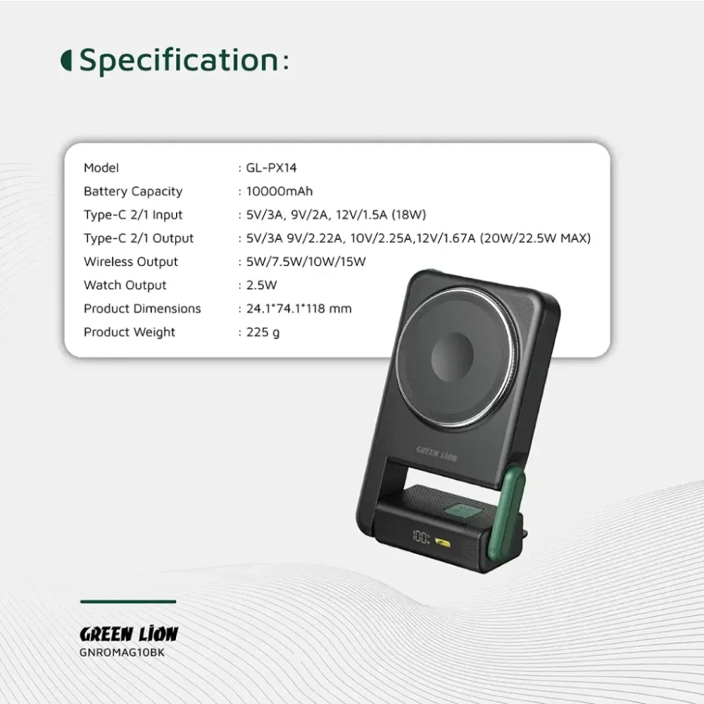 پاوربانک ۱۰۰۰۰ وایرلس مناسب گوشی و اپل واچ گرین لاین Green Lion 10000mah Rotex Wireless Powerbank - تصویر 9