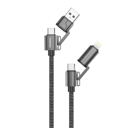 {PD-CBL0022-BK} Porodo Zinc Alloy 1.2M - 100W 4-in-1 Braided Cable - Black