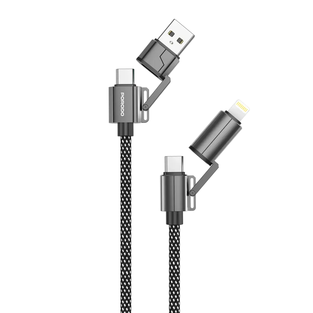 6849108447775 {PD-CBL0022-BK} Porodo Zinc Alloy 1.2M - 100W 4-in-1 Braided Cable - Black