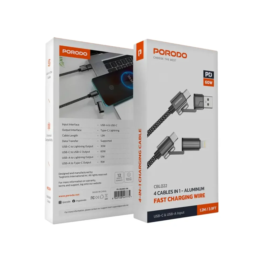 کابل شارژ و دیتا ۴ کاره پرودو Porodo Zinc Alloy 1.2M - 100W 4-in-1 Braided Cable - تصویر 2