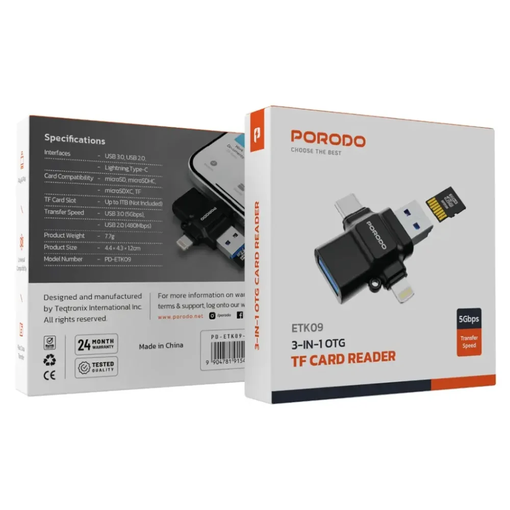 تبدیل او تی جی مموری و یو اس بی به تایپ سی و لایتنینگ Porodo 4-in-1 Memory Card Reader - تصویر 2