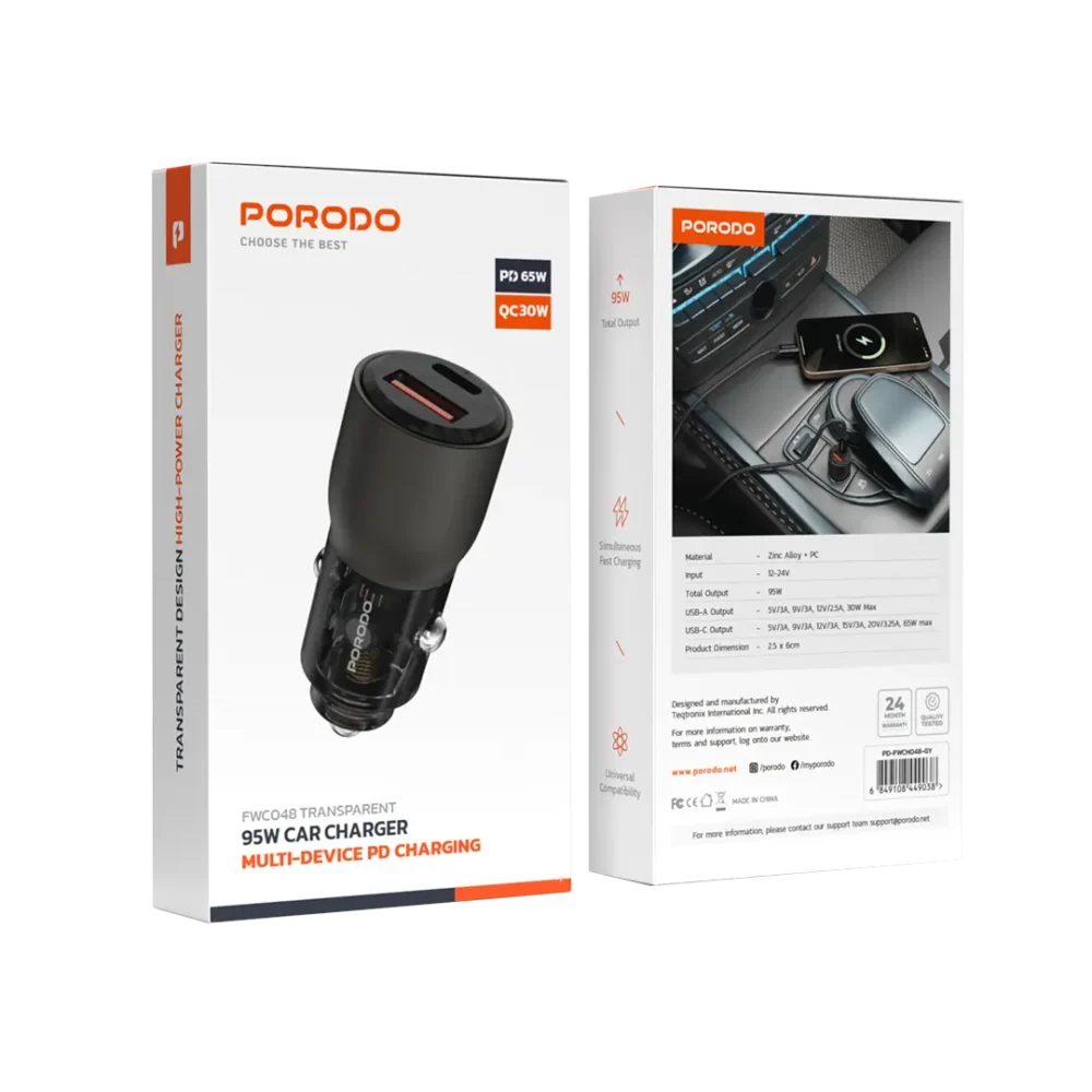 شارژر فندکی دو پورت ۹۵ واتی پرودو Porodo 95w Transparent USB-A+C Port Car Charger - تصویر 6