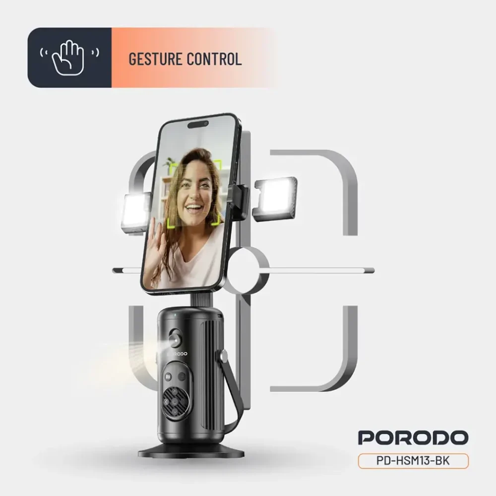 پایه فیلمبرداری هوشمند پرودو  Porodo Multifunctional Foldable Phone Stand with Face Tracking and Dual Adjustable Fil - تصویر 5