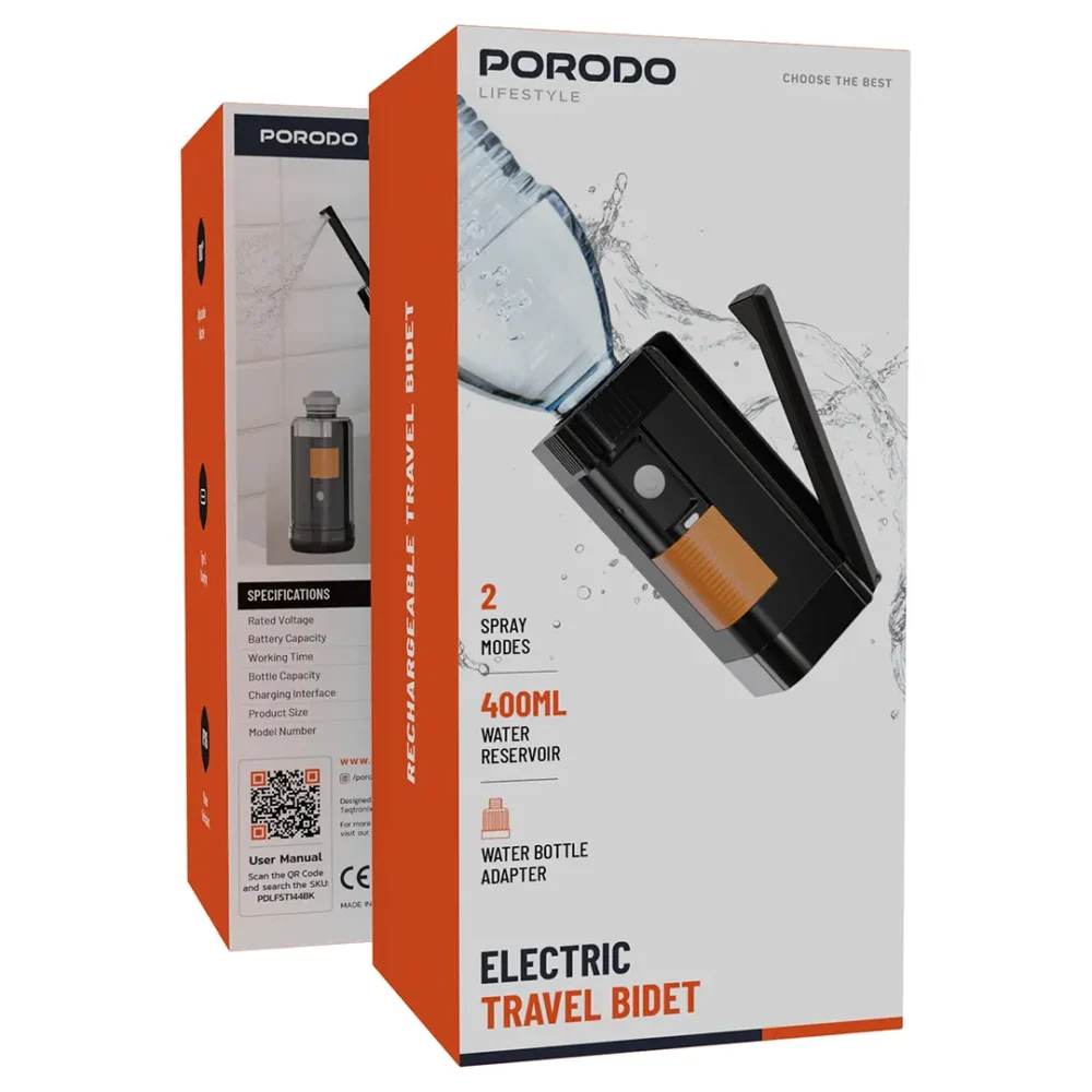 خودشور الکترونیکی کمپینگ پرودو Porodo Lifestyle Portable Bidet Sprayer with Dual Speed Mode 1100mAh 400ml Bottle - تصویر 2