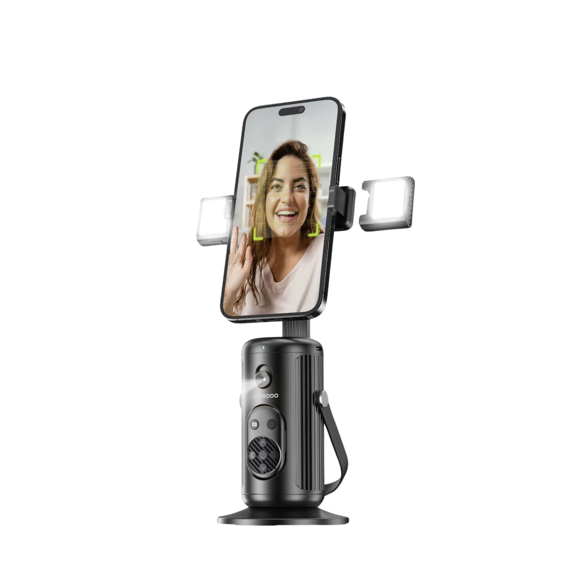 6849108448994 {PD-HSM13-BK} Porodo Multifunctional Foldable Phone Stand with Face Tracking and Dual Adjustable Fil