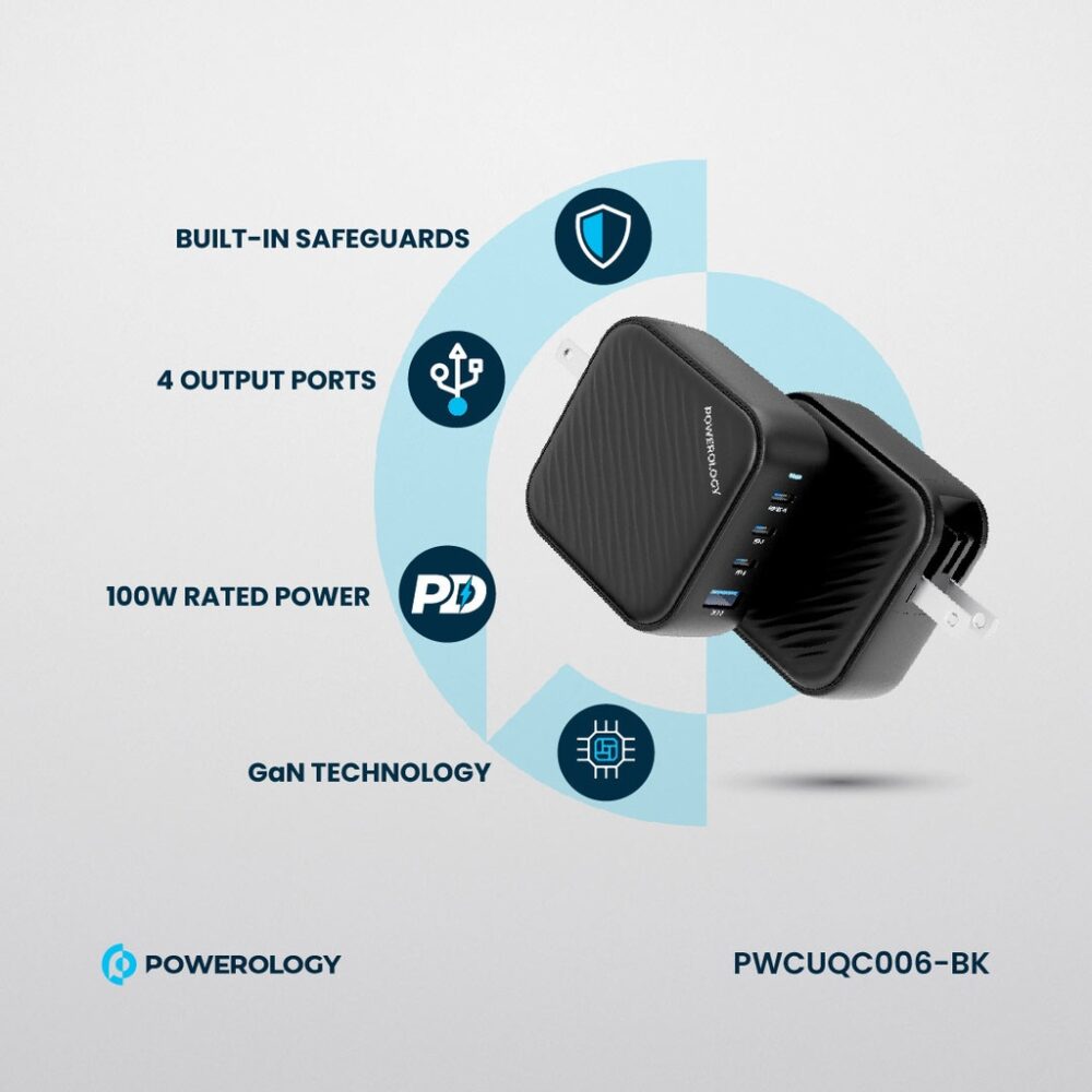 آداپتور ۴ پورت ۱۰۰ واتی پاورلوژی Powerology 3 Port PD + 1 QC3.0 GaN Wall Charger 100W - تصویر 6