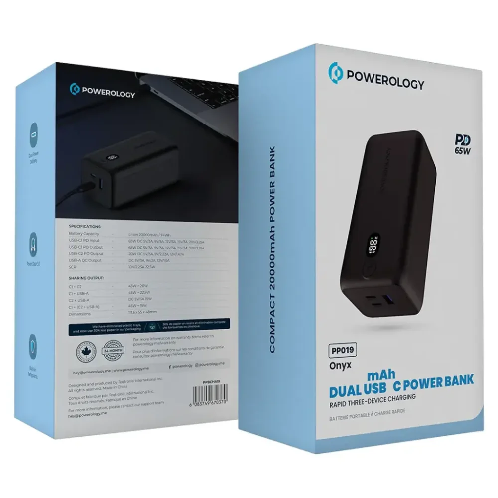 پاوربانک ۶۵ واتی ۲۰۰۰۰ میلی آمپر پاورلوژی Powerology Onyx 20000mAh Dual USB-C Power Bank PD 65W - تصویر 6