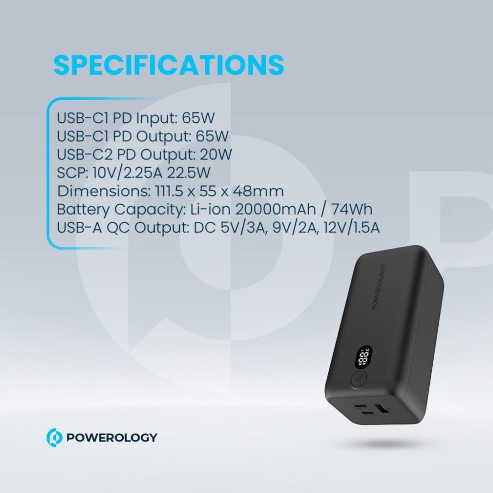 پاوربانک ۶۵ واتی ۲۰۰۰۰ میلی آمپر پاورلوژی Powerology Onyx 20000mAh Dual USB-C Power Bank PD 65W - تصویر 3