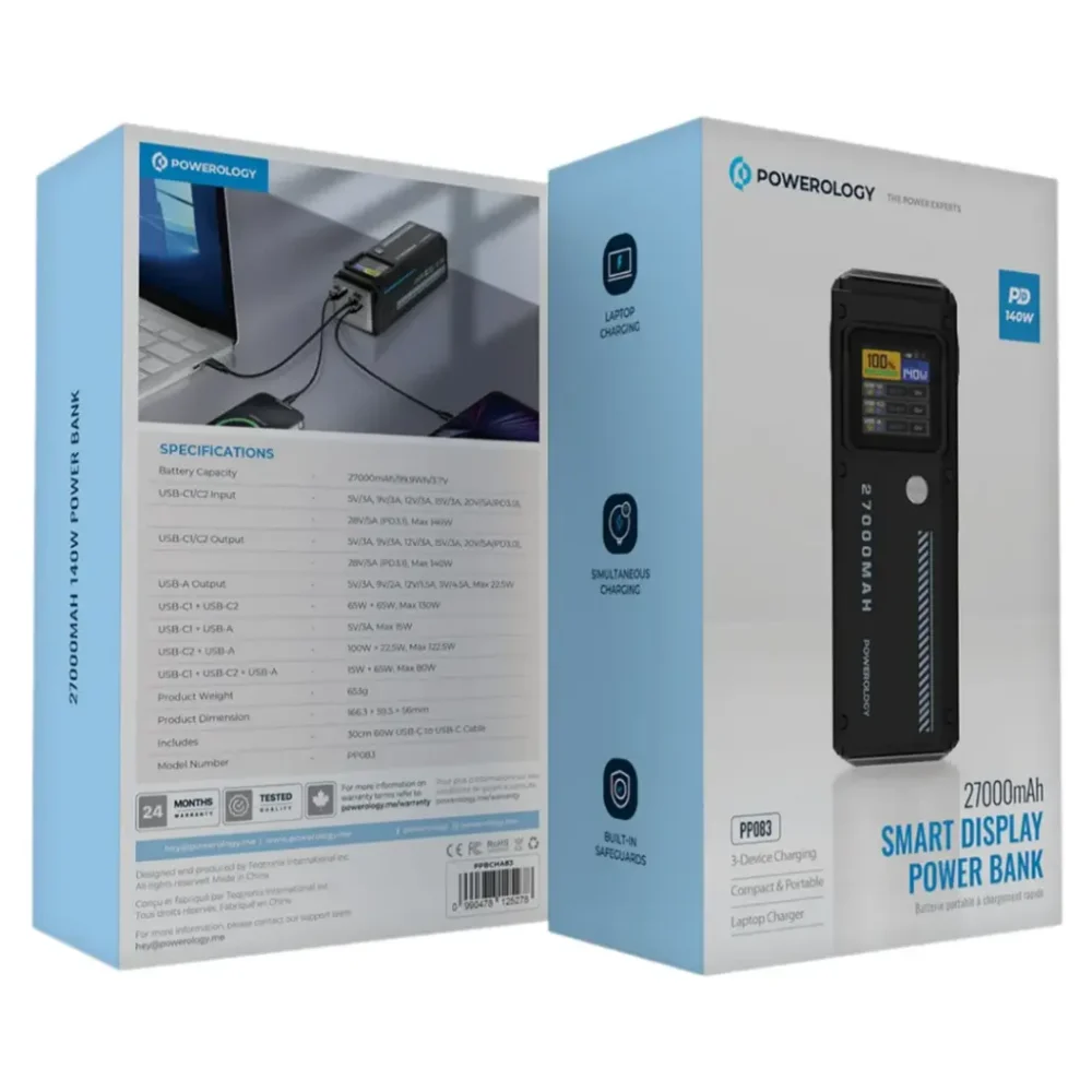 پاوربانک ۱۴۰ واتی ۲۷۰۰۰ میلی آمپر پاورلوژی Powerology 140W Dual Channel Smart Battery Display Power Bank with Colorful LED 27000mAh - تصویر 4