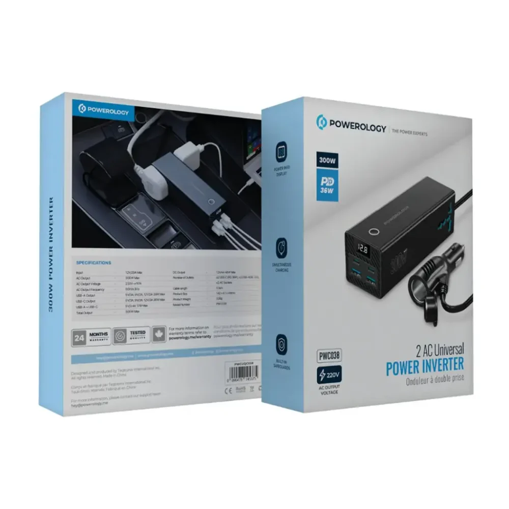 اینورتر شارژر فندکی ۳۰۰ واتی نمایشگردار پاورلوژی Powerology 300W Car Power Inverter Universal Plug with Digital Display - تصویر 2