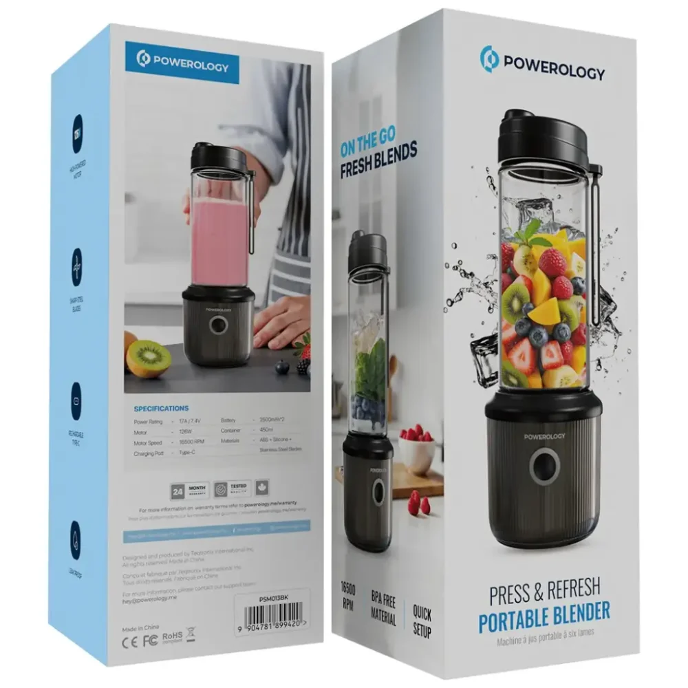 شیکر شارژی ۱۲۶ واتی پاورلوژی Powerology Portable Blender 450ml 2500mAh 6 Blades 126W - تصویر 3