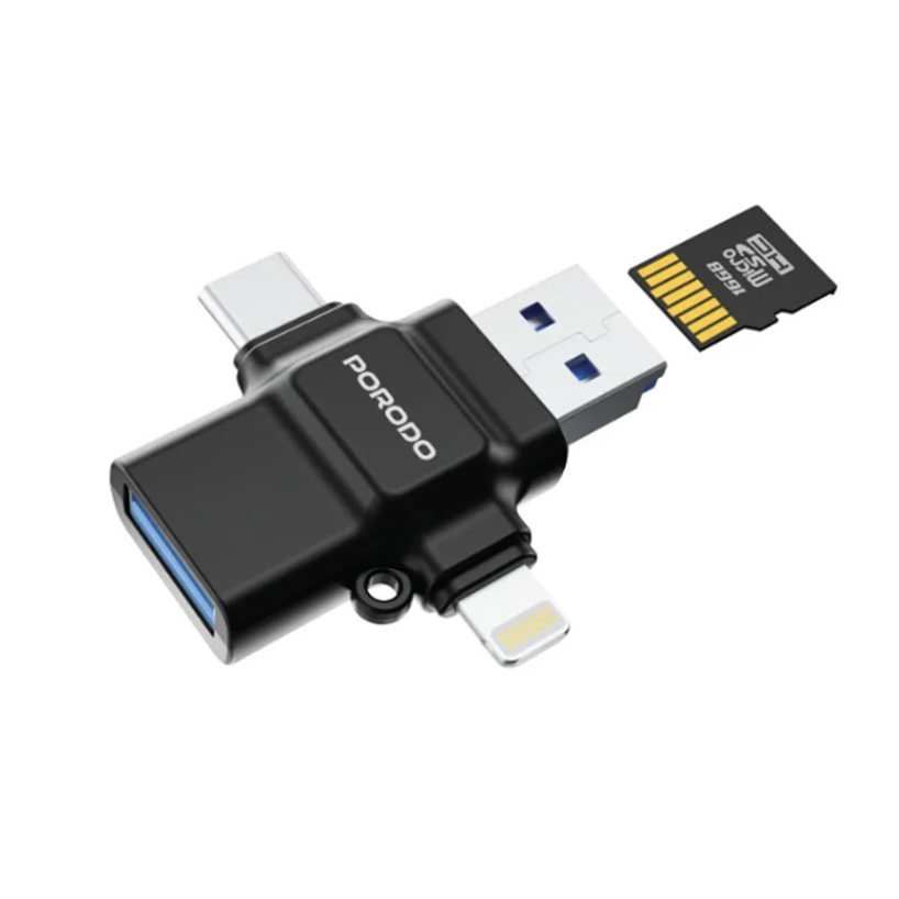 9904781915496 {PD-ETK09-BK} Porodo 4-in-1 Memory Card Reader - Black