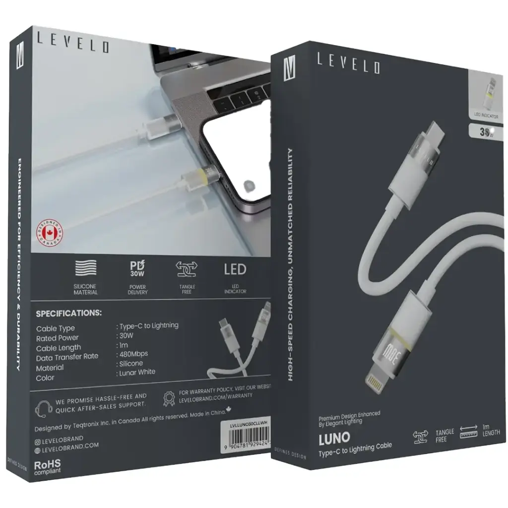 Levelo Luno Type-C to Lightning Cable 1m PD 30W (3) کابل شارژ سیلیکونی تایپ سی به لایتنینگ لولو Levelo Luno Type-C to Lightning 30W 1M Silicone LED Cable - تصویر 1