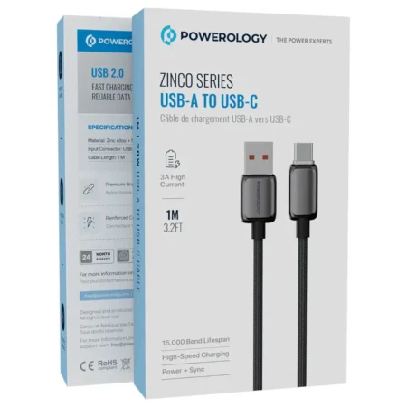 کابل یو اس بی به تایپ سی پاورلوژی Powerology Zinco Series USB-A to USB-C