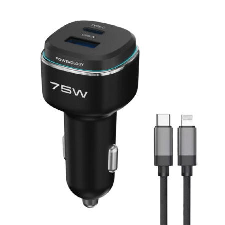 شارژر فندکی ۷۵ وات + کابل تایپ سی به لایتنینگ پاورلوژی  Powerology 75W Dual-Port Car Charger with Type-C to Lightning MFI Cable