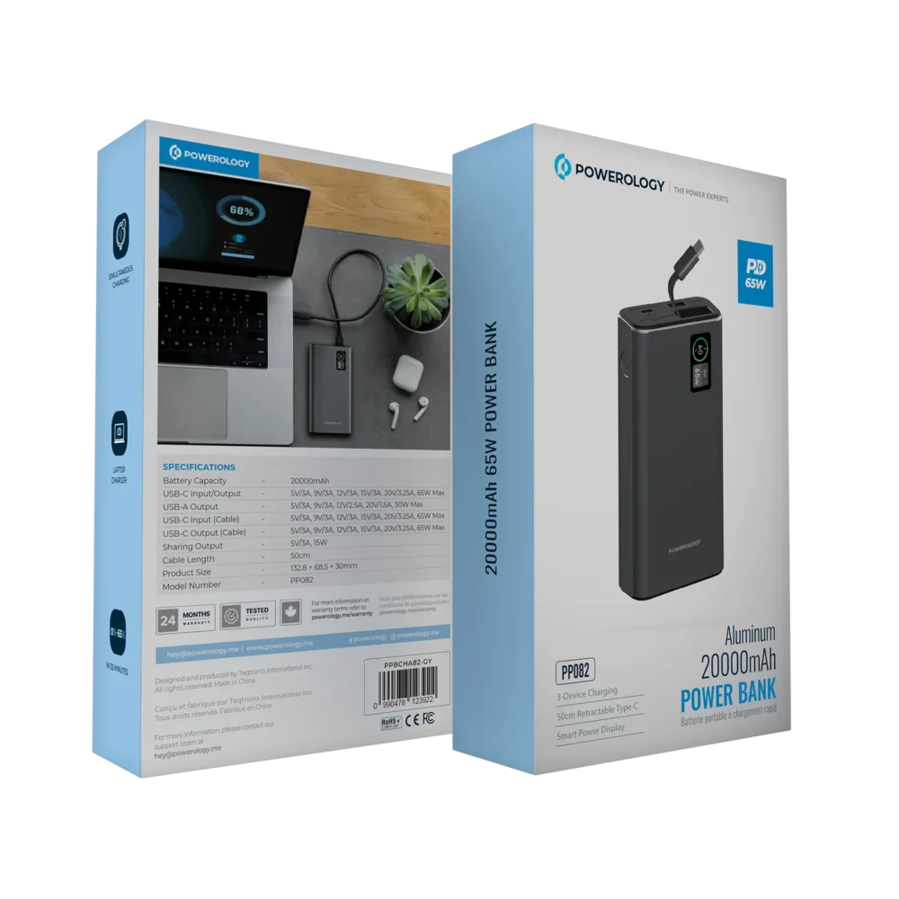 پاوربانک ۶۵ وات ۲۰ هزار پاورلوژی Powerology Aluminum 20000mAh Power Bank - تصویر 2