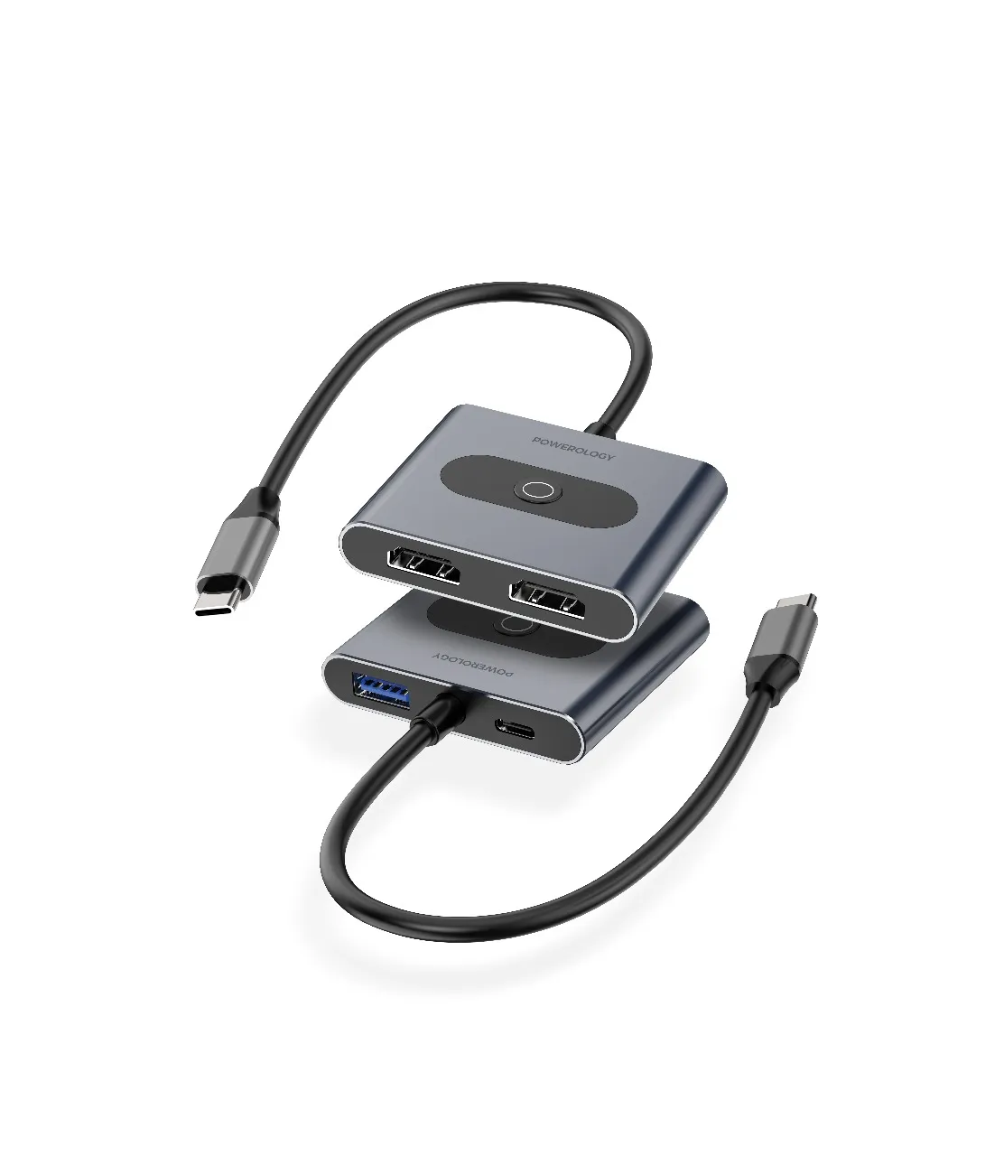 {PWFX2508AGY} POWEROLOGY 4 IN 1 MST HUB WITH 2X 4K HDMI USD 3.0 PD 100W WITH TYPE C CABLE - GREY هاب تایپ سی ۴ کاره پارولوژی Powerology 4-In-1 USB-C Multi-Function Hub - تصویر 1