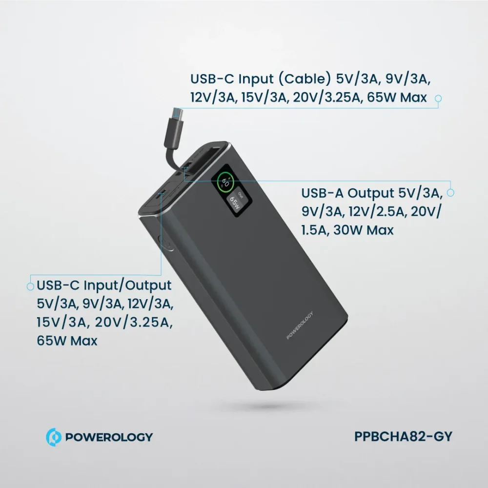 پاوربانک ۶۵ وات ۲۰ هزار پاورلوژی Powerology Aluminum 20000mAh Power Bank - تصویر 9