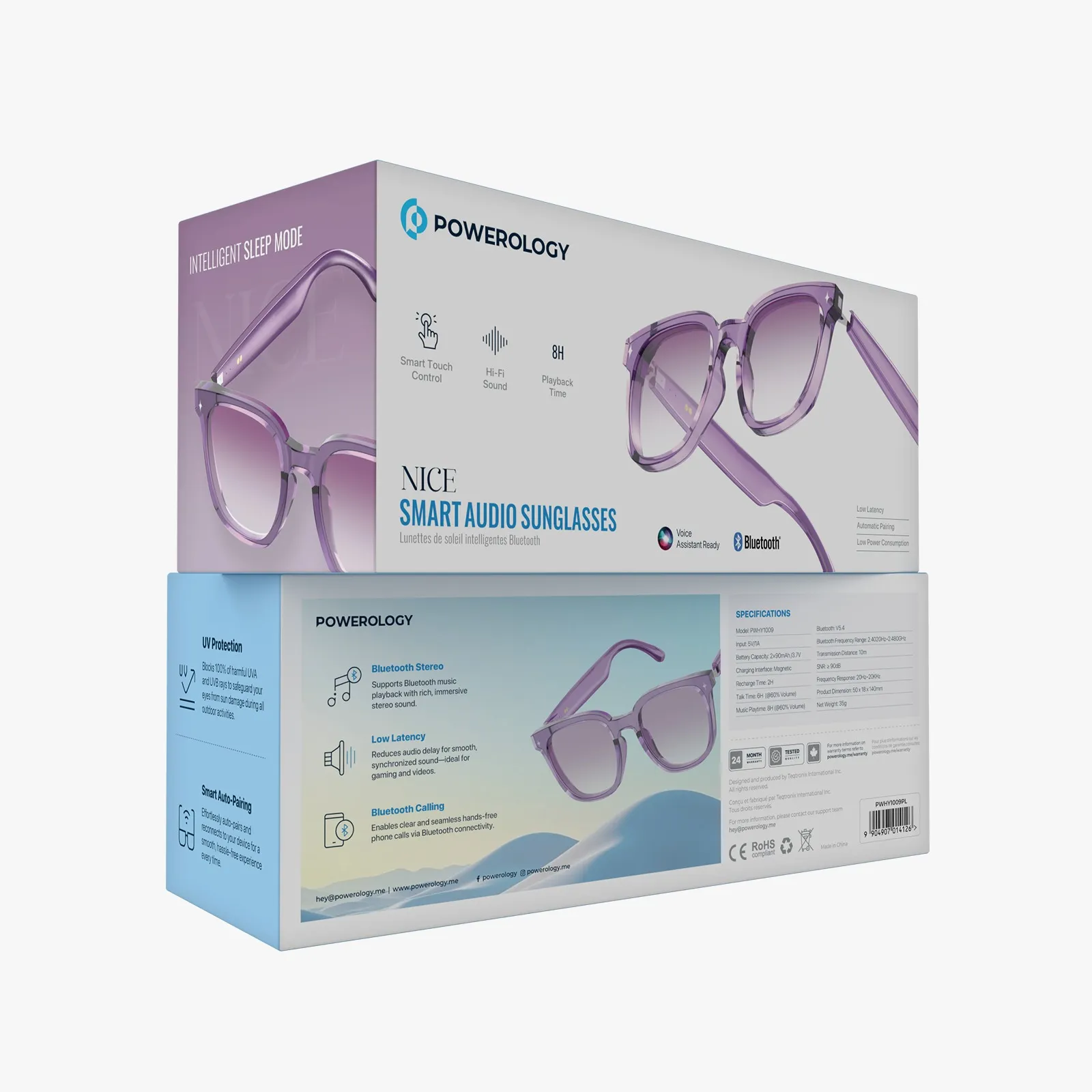 {PWHY1009PL} POWEROLOGY NICE BT SUNGLASS WITH TOUCH CONTROL+ GRADIANT PURPLE LENS - PURPLE عینک هوشمند آفتابی + پخش موزیک و مکالمه پاورلوژی POWEROLOGY NICE BT SUNGLASS WITH TOUCH CONTROL - تصویر 1