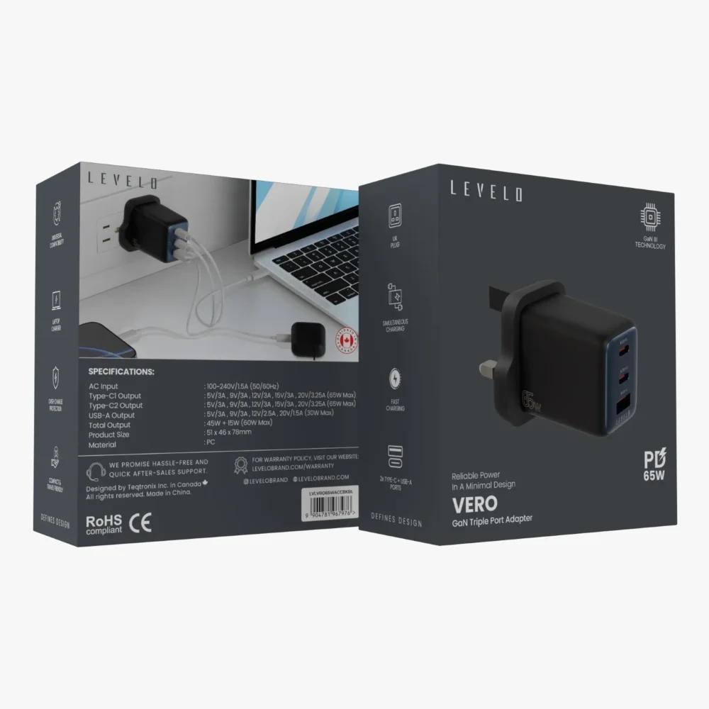 آداپتور ۳ پورت ۶۵ وات لولو Levelo Vero GaN Double Port Adapter 65W - تصویر 2