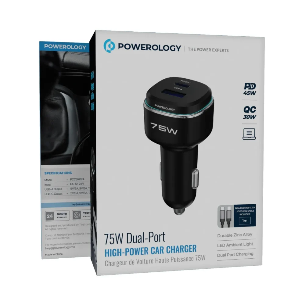شارژر فندکی ۷۵ وات + کابل تایپ سی به لایتنینگ پاورلوژی  Powerology 75W Dual-Port Car Charger with Type-C to Lightning MFI Cable - تصویر 2
