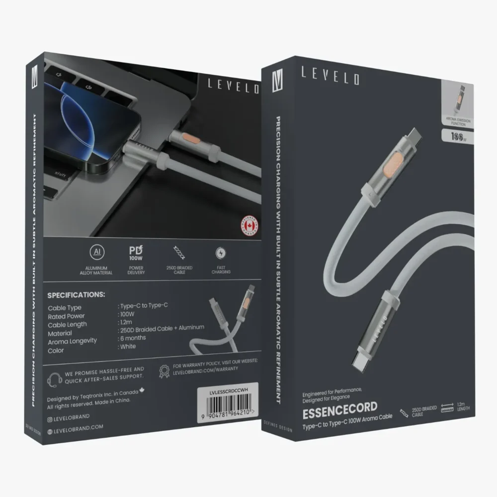 LEVELO ESSENCECORD TYPE-C TO TYPE-C 1.2M 100W CABLE WITH AROMA - WHITE