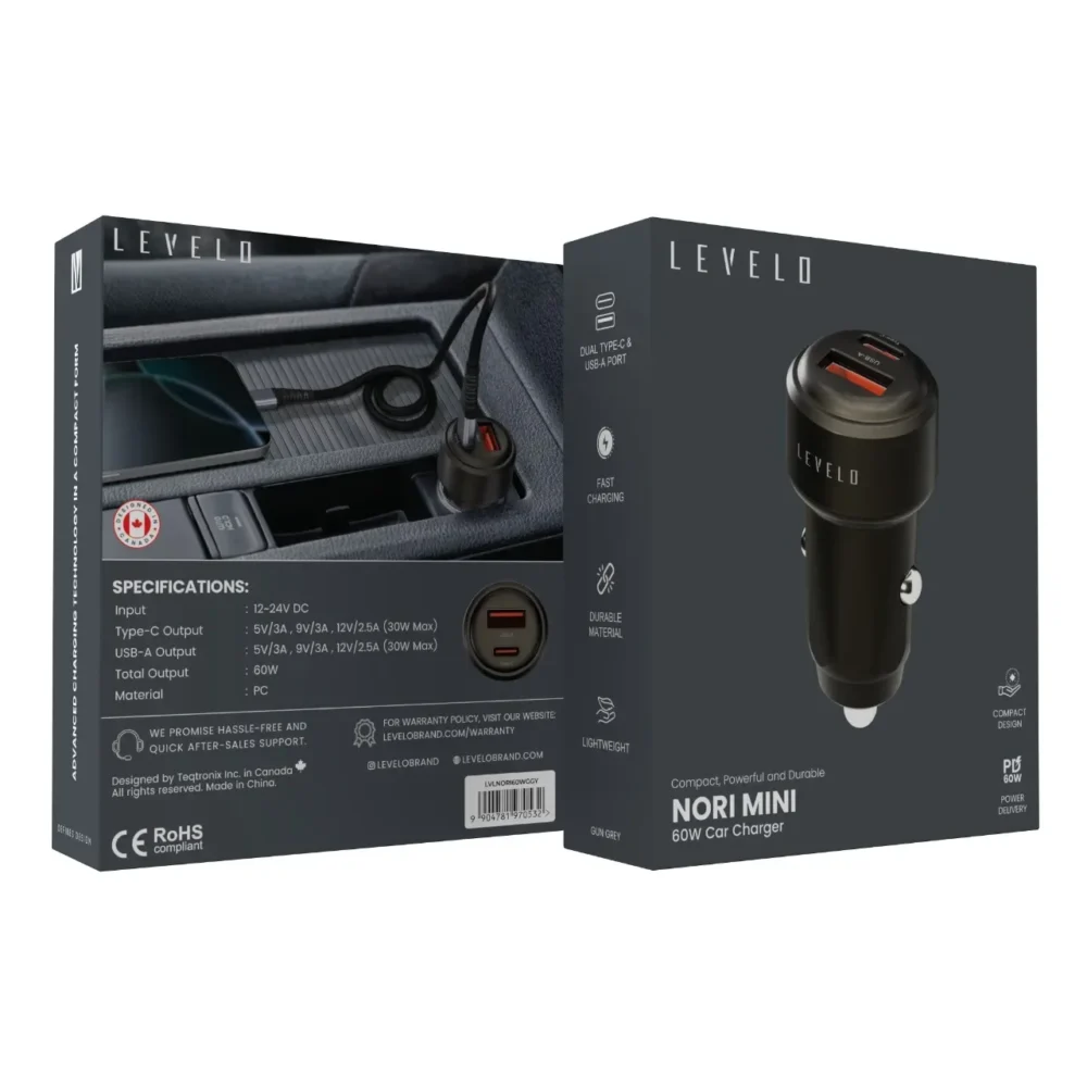 LEVELO NORI MINI 60W CAR CHARGER - GUN GREY