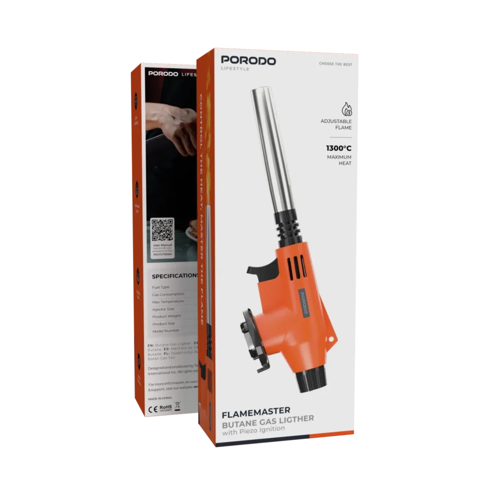 PORODO LIFESTYLE FLAMEMASTER 14 MM BUTANE GAS LIGTHER - BLACK/ORANGE