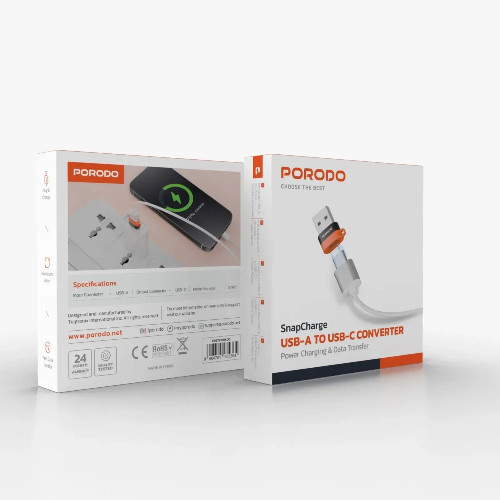 PORODO SNAPCHARGE USB-A TO USB-C CONVERTER POWER CHARGING AND DATA TRANSFER - BLACK OR