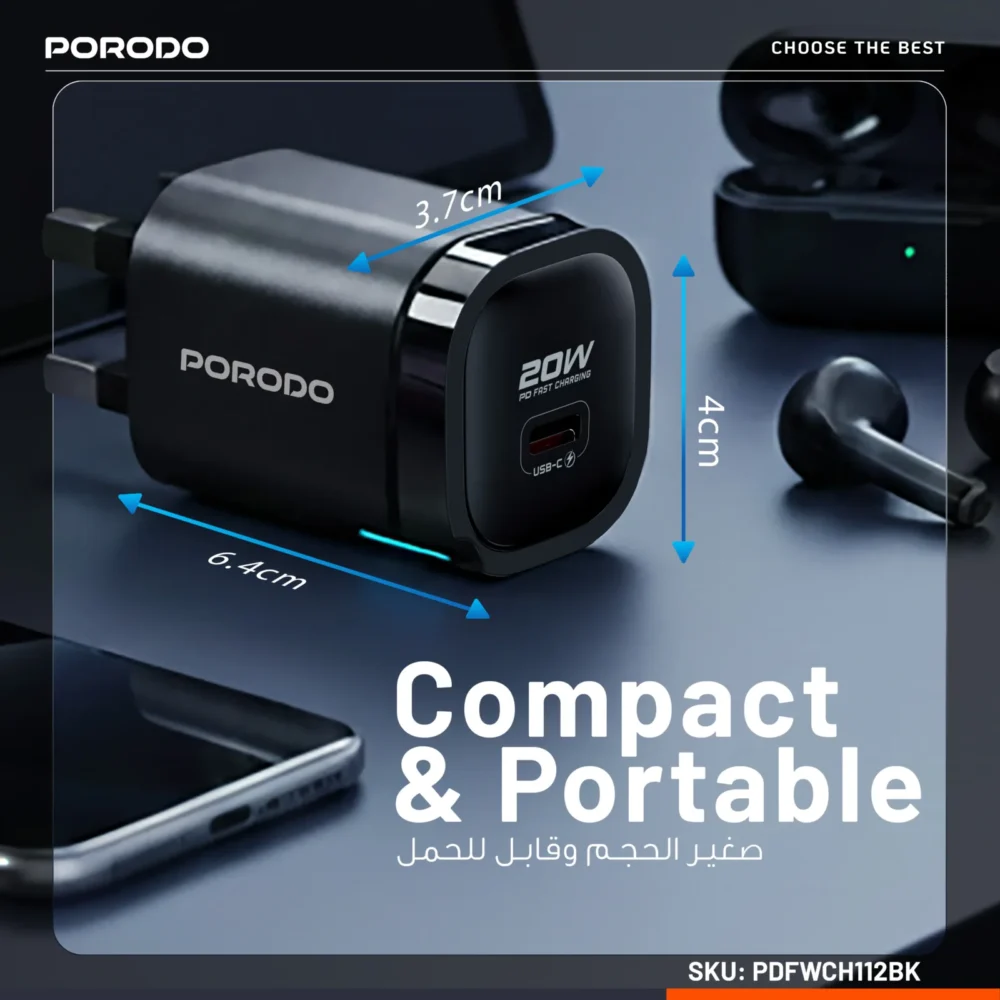 PORODO TEKTO PD 20W TYPE-C ADAPTOR - BLACK