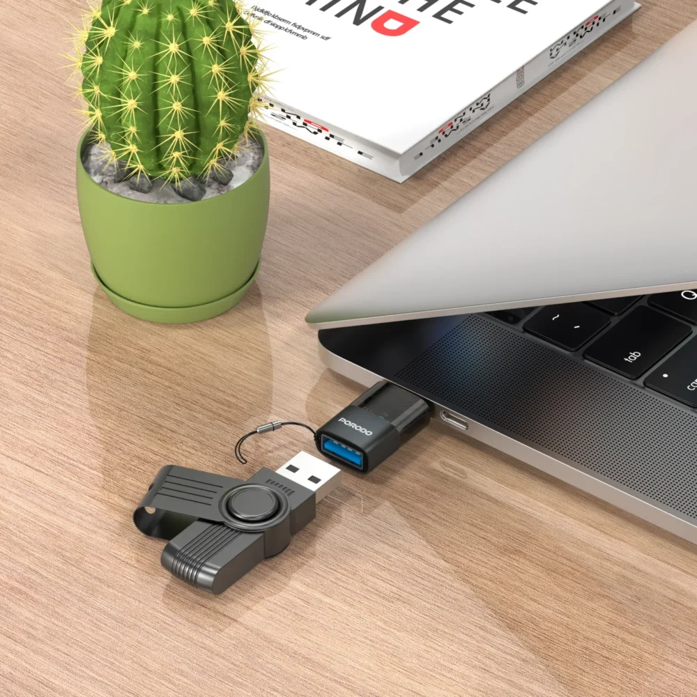 PORODO  TRANSPARENT+ ALUMINUM ALLOY USB A FEMALE TO TYPE-C MALE - GREY