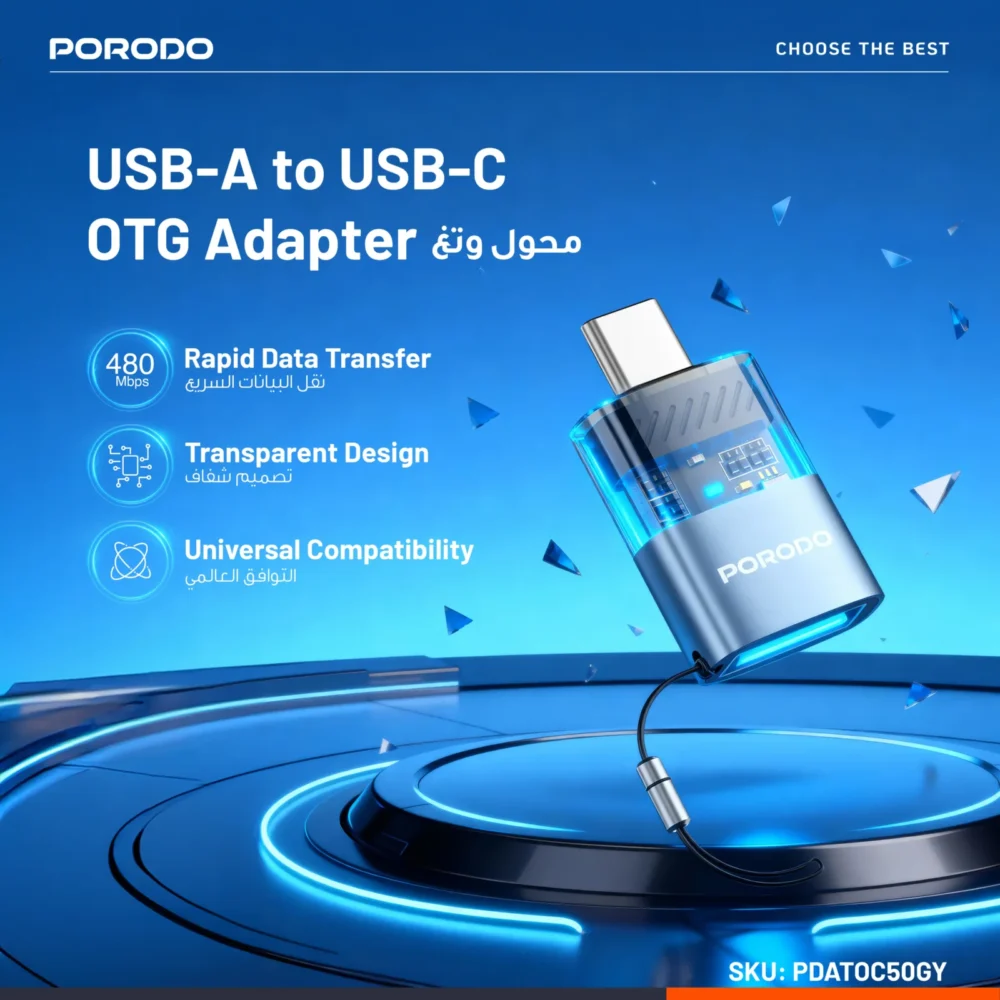 PORODO  TRANSPARENT+ ALUMINUM ALLOY USB A FEMALE TO TYPE-C MALE - GREY