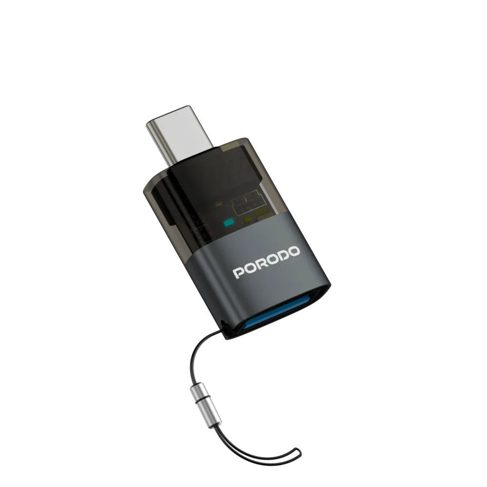 PORODO  TRANSPARENT+ ALUMINUM ALLOY USB A FEMALE TO TYPE-C MALE - GREY