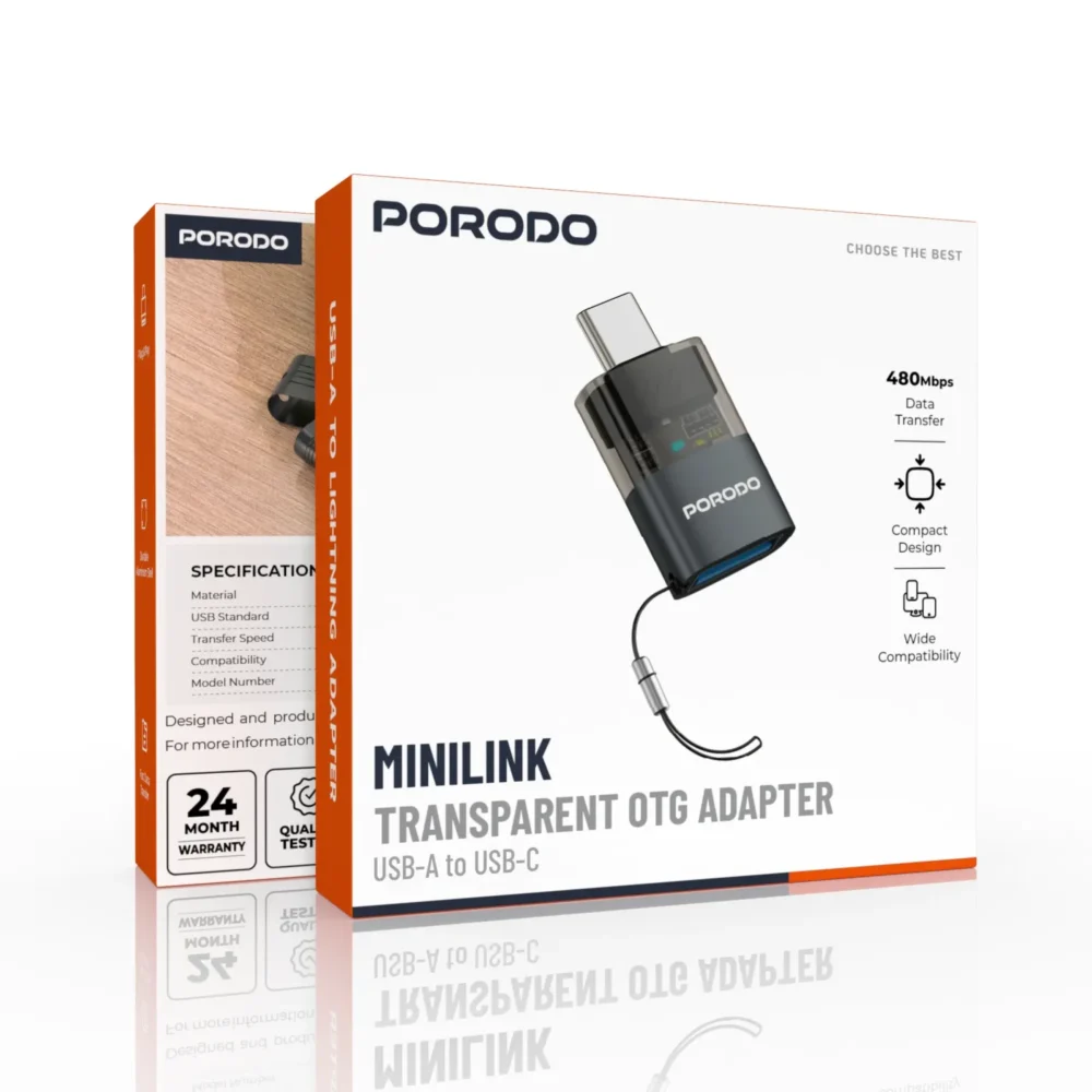 PORODO  TRANSPARENT+ ALUMINUM ALLOY USB A FEMALE TO TYPE-C MALE - GREY