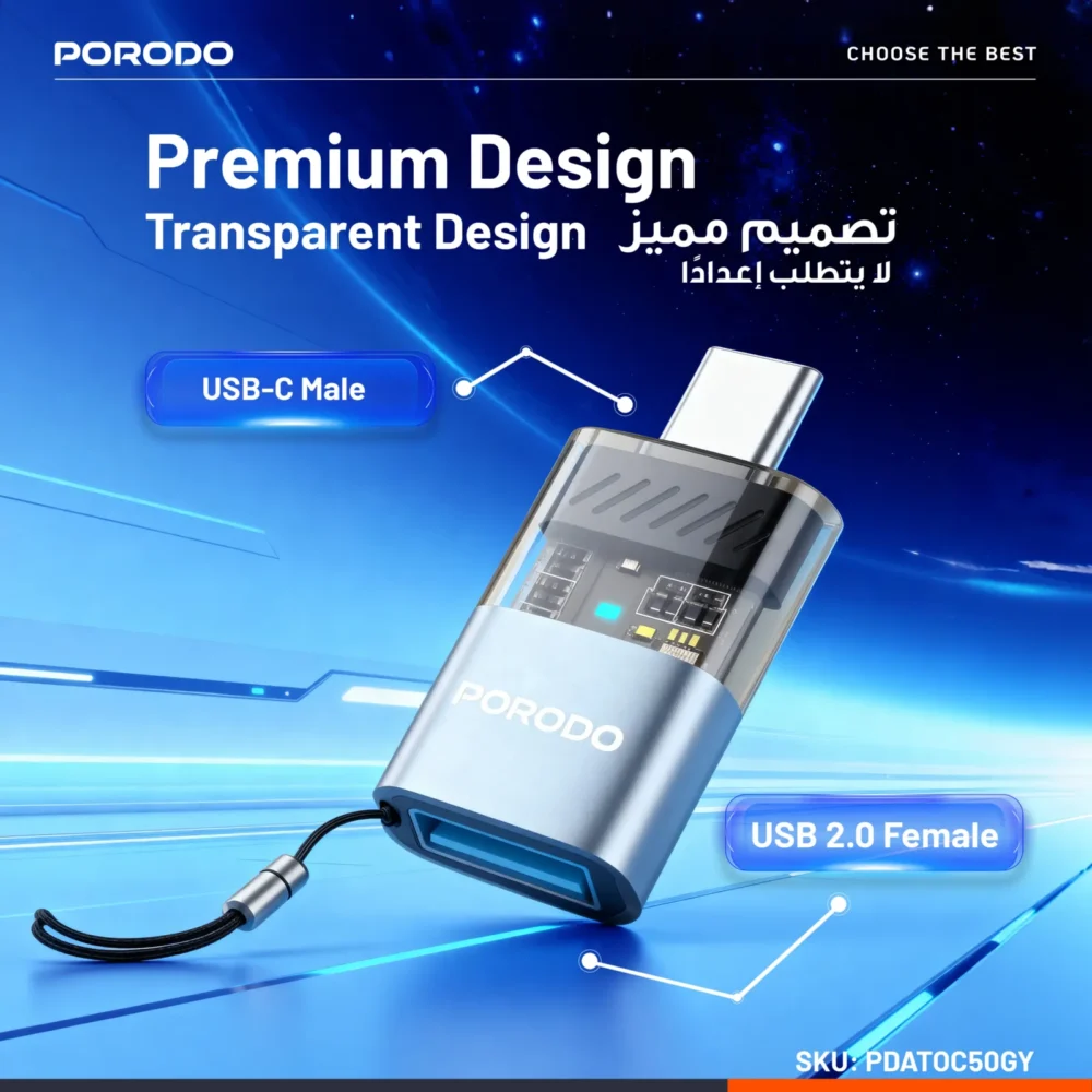 PORODO  TRANSPARENT+ ALUMINUM ALLOY USB A FEMALE TO TYPE-C MALE - GREY