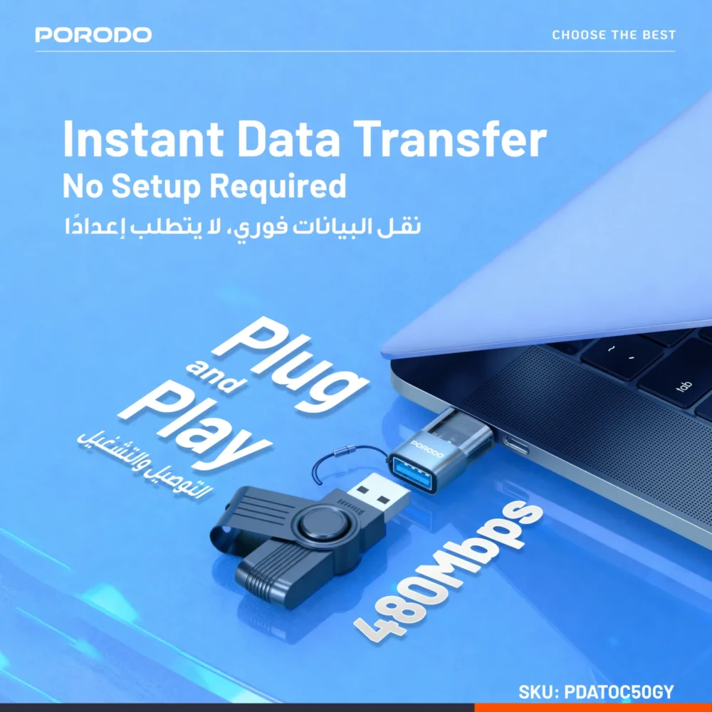 PORODO  TRANSPARENT+ ALUMINUM ALLOY USB A FEMALE TO TYPE-C MALE - GREY