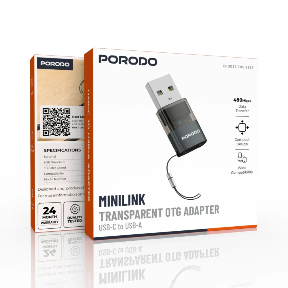 PORODO  TRANSPARENT+ ALUMINUM ALLOY USB C FEMALE TO USB A MALE - GREY