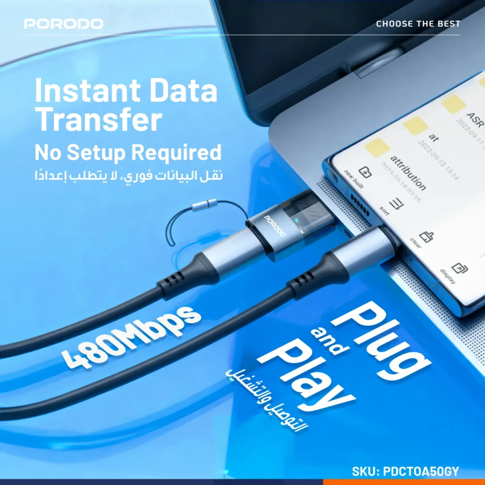 PORODO  TRANSPARENT+ ALUMINUM ALLOY USB C FEMALE TO USB A MALE - GREY