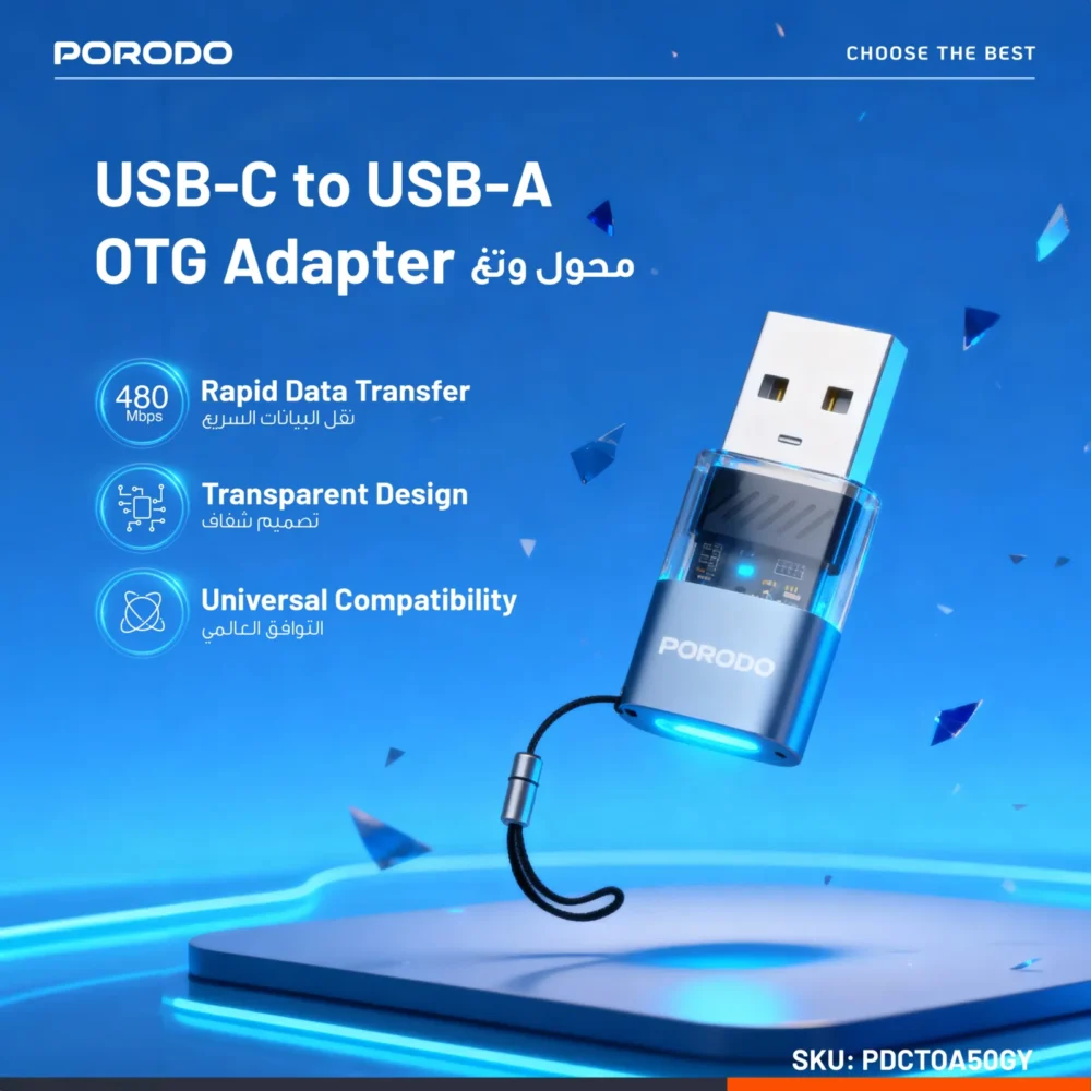 PORODO  TRANSPARENT+ ALUMINUM ALLOY USB C FEMALE TO USB A MALE - GREY