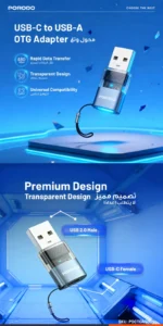 PORODO  TRANSPARENT+ ALUMINUM ALLOY USB C FEMALE TO USB A MALE - GREY