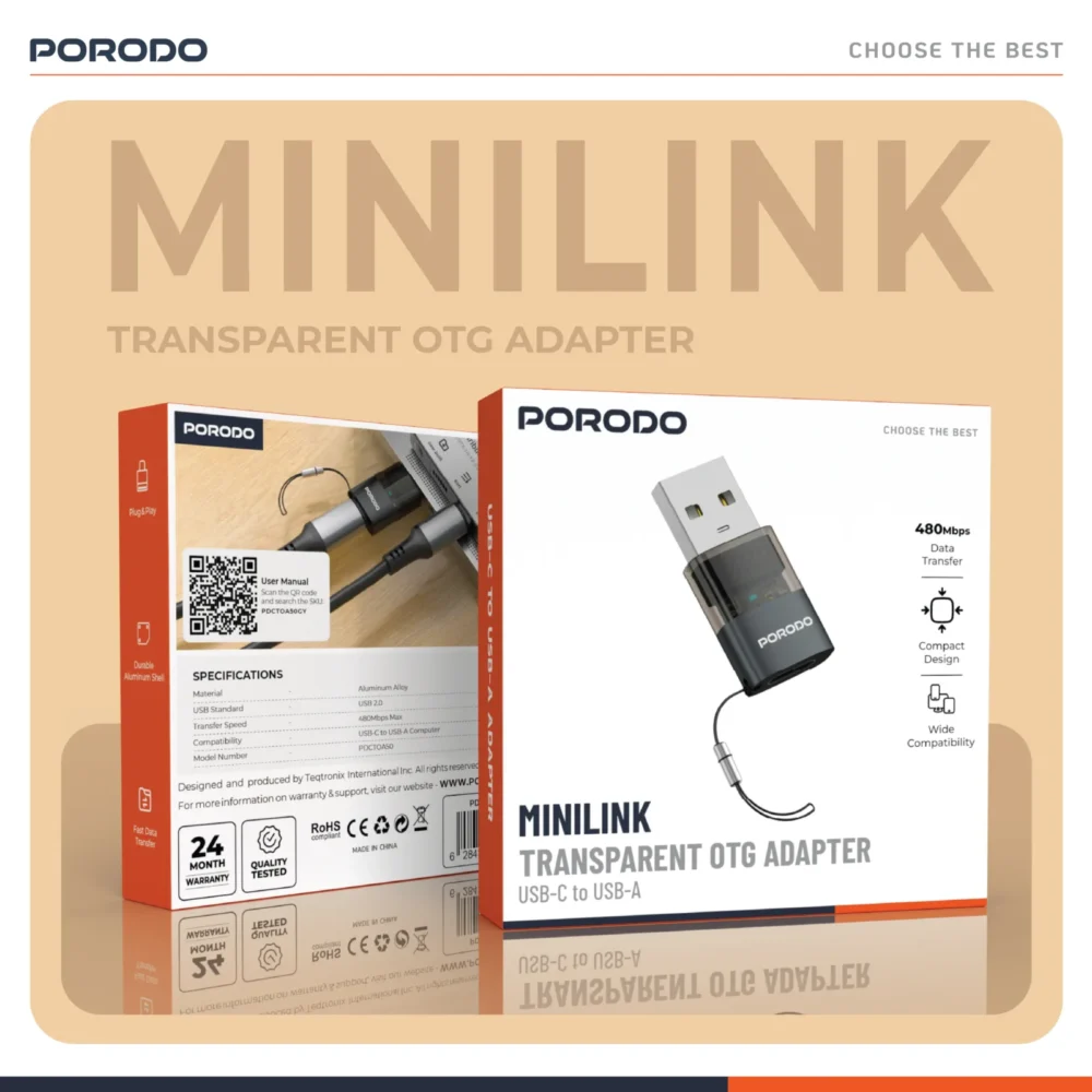 PORODO  TRANSPARENT+ ALUMINUM ALLOY USB C FEMALE TO USB A MALE - GREY